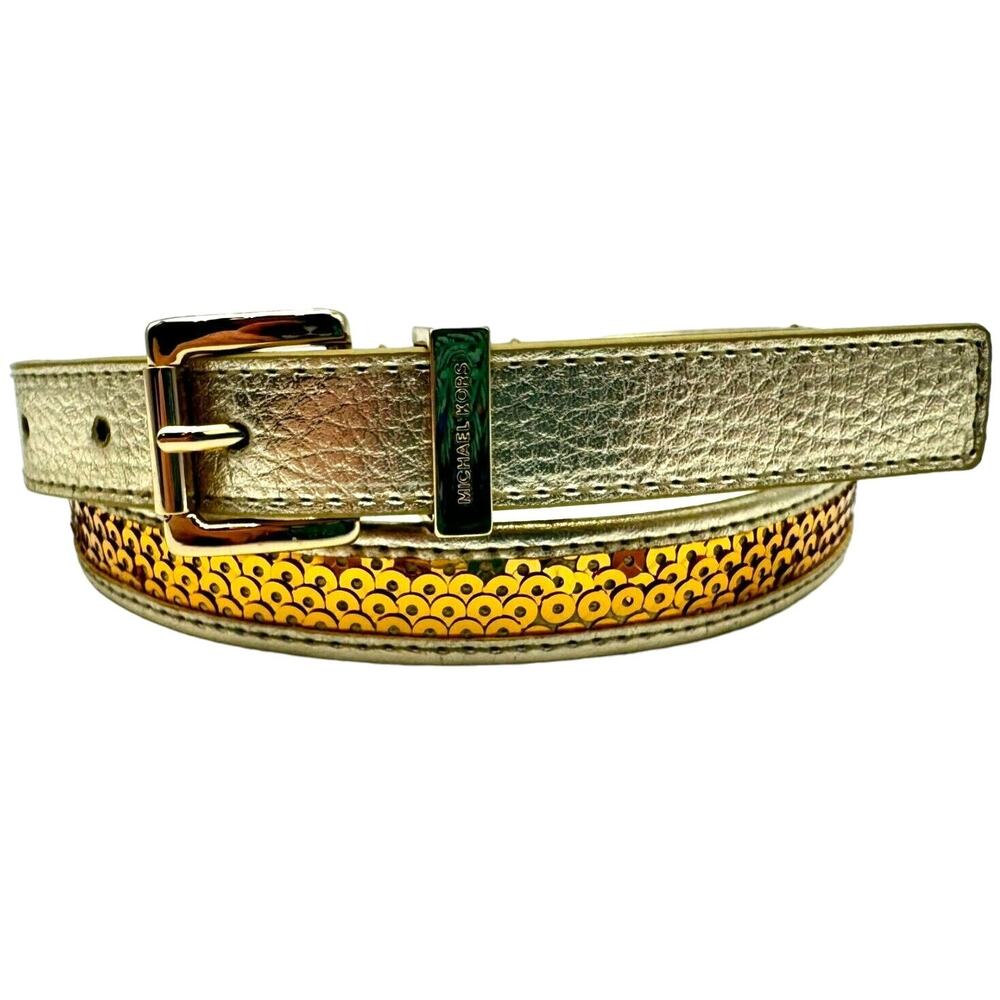 MICHAEL KORS | Women's Medium Thin Gold Sequin Silver Vegan Leather Waist‎ Belt